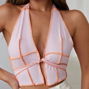 pink orange tie back stitch halter top y2k barbie paris hilton 90s trendy